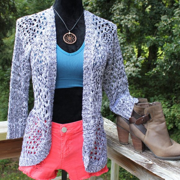 Open Crochet Kimono Cardigan Heathered Black White - Picture 1 of 5